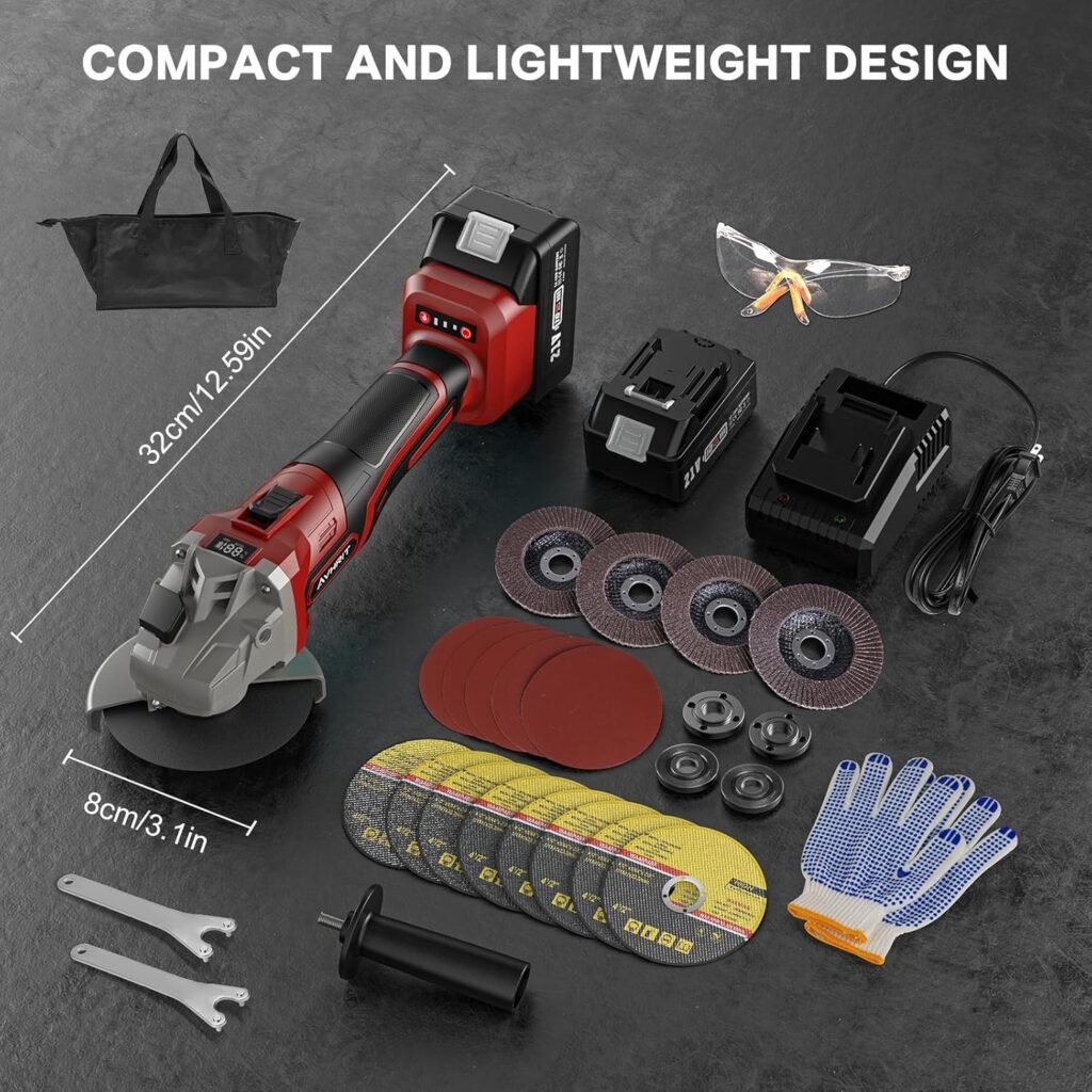 Cordless Angle Grinder, 21V Power Angle Grinder Tools with 2PCS 4.0Ah Batteries, 9000RPM Brushless Metal Grinder, 4-1/2 Battery Angle Grinder with Cutting, Flap Disc for Cutting, Rust Removal
