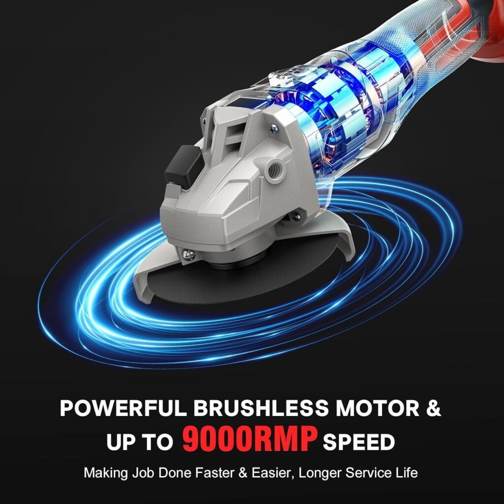 Cordless Angle Grinder, 21V Power Angle Grinder Tools with 2PCS 4.0Ah Batteries, 9000RPM Brushless Metal Grinder, 4-1/2 Battery Angle Grinder with Cutting, Flap Disc for Cutting, Rust Removal