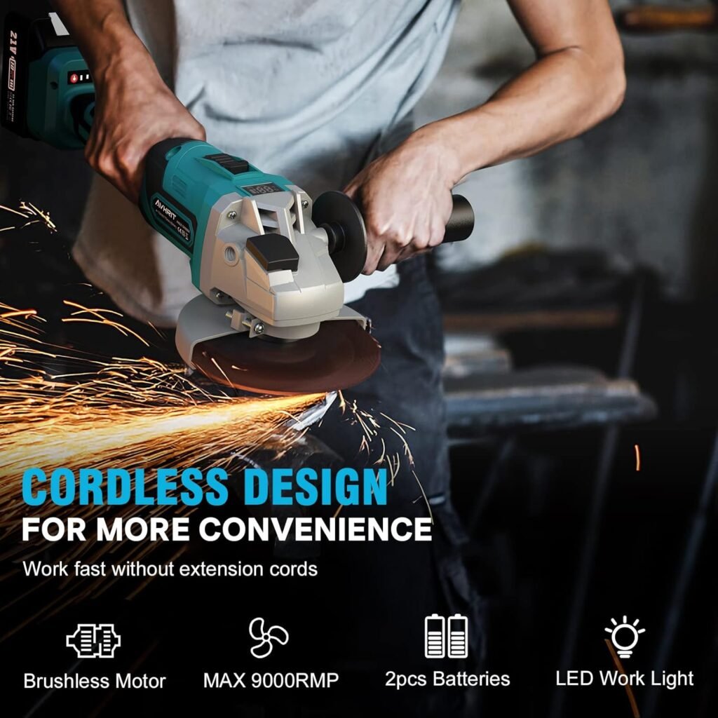 Cordless Angle Grinder 2X4.0AH Batteries, 21V Power Angle Grinder Tools with Fast Charger, 9000RPM Brushless Motor Metal Grinder, 4-1/2 Cutting Wheels, Flap Disc for Cutting, Grinding
