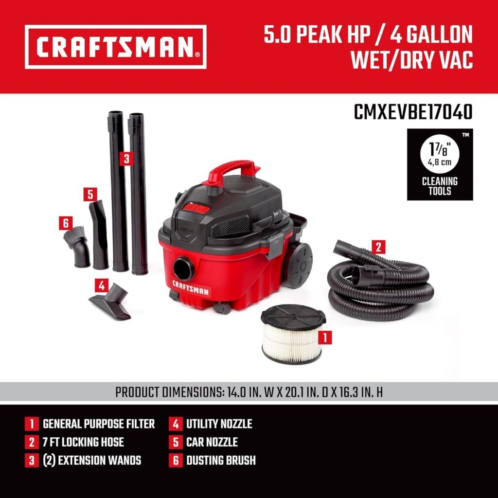 CRAFTSMAN CMXEVBE17040 4 Gallon 5.0 Peak HP Wet/Dry Vac, Portable Shop Vacuum with Attachments