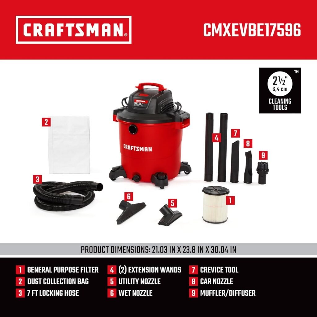 CRAFTSMAN CMXEVBE17596 20 Gallon 6.5 Peak HP Wet/Dry Vac, Heavy-Duty Shop Vacuum with Attachments