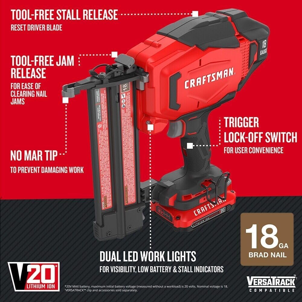 CRAFTSMAN V20 Cordless Brad Nailer, 18 Gauge Nail Gun, with Battery and Charger (CMCN618C1)