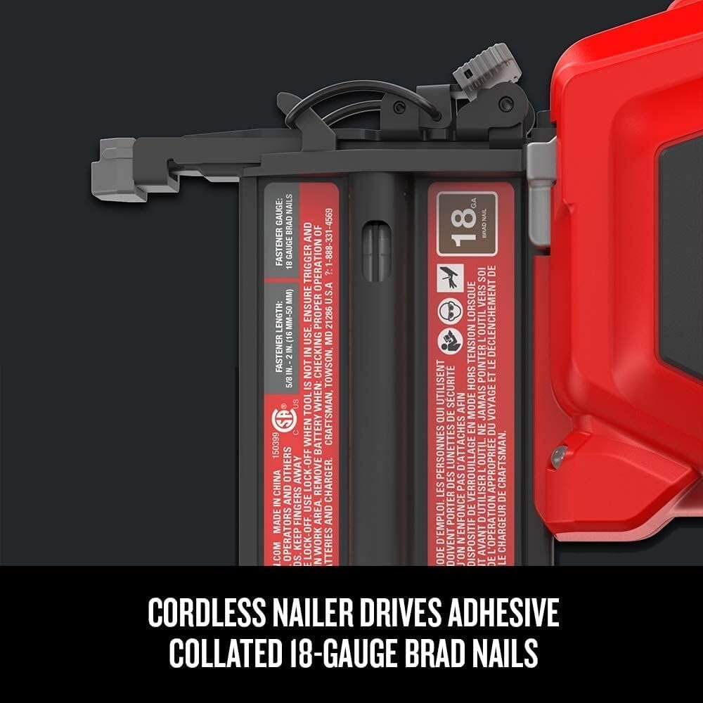 CRAFTSMAN V20 Cordless Brad Nailer, 18 Gauge Nail Gun, with Battery and Charger (CMCN618C1)