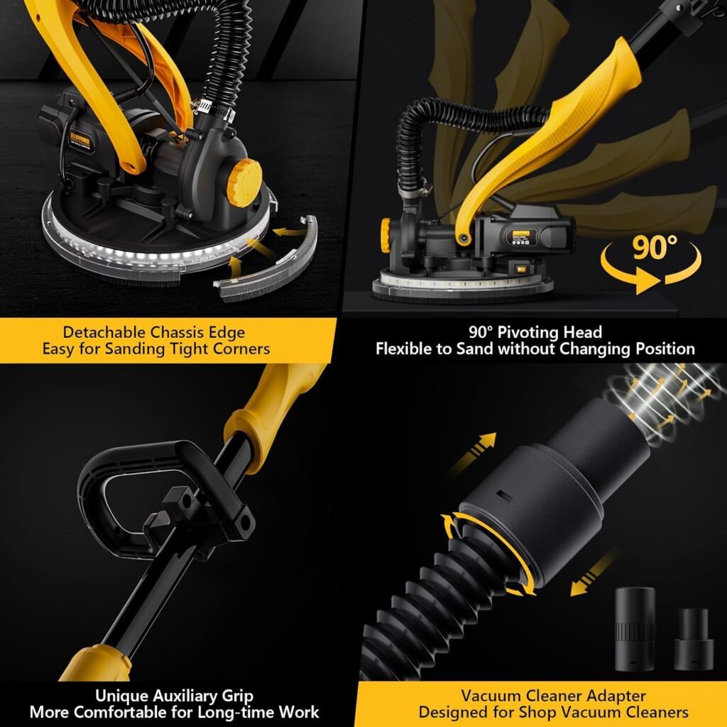 Drywall Sander, 1050W Electric Drywall Sander with Vacuum Dust Collection, 2100RPM Wall Sander with 7 Variable Speed, Foldable  Extendable Handle, Double-Deck LED Light, Dust Bag and Hose