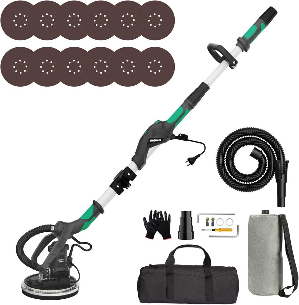 Drywall Sander with Vacuum Attachment, IMQUALI 8.5A Electric Sander Tool with Variable Speed 600-2600RPM, Floor Sanders for Wood Floor with Extendable Handle, LED Light, 12pcs Sanding Discs, IM03