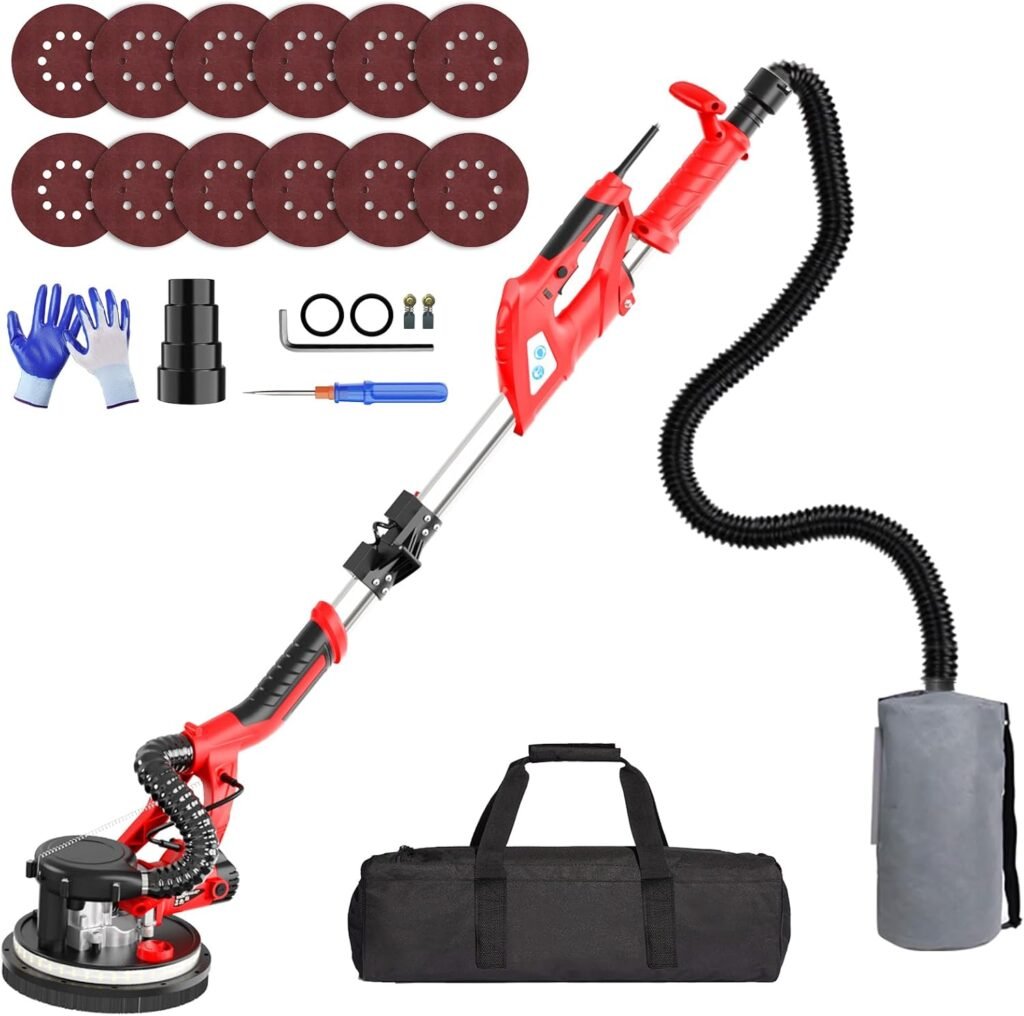 Electric Drywall Sander with Vacuum Dust Collector, IMQUALI 750W Sander Tool with Extendable Handle, Popcorn Ceiling Removal Tool with 7 Variable Speed 800-1750RPM, LED Light,12pcs Sanding Discs, I01R