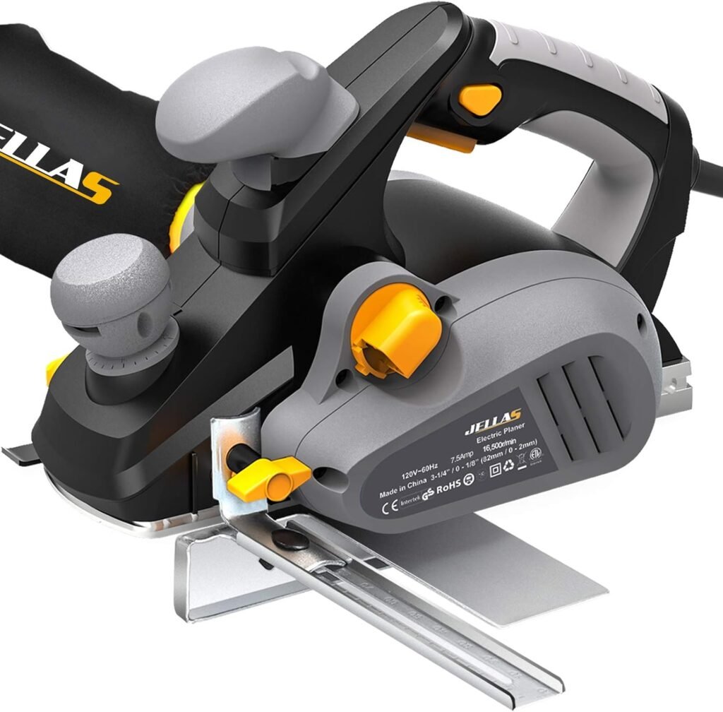 Electric Planer, JELLAS 7.5-Amp 16500 Rpm Power Hand Planer, 3-1/4 Inch Cut Width, Dual-dust out System, Dual-handle Design, Blade Protector, 2 Reversible HSS Blades and 2 Carbon Brushes, EP01