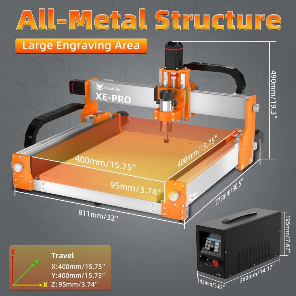 FoxAlien CNC Router Machine XE-PRO with Ball Screws, 400W Spindle 3-Axis Engraving Milling Machine for Wood Aluminum Cutting Upgradable to Linear Rails