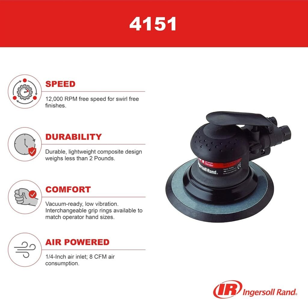 Ingersoll Rand 4151 Random Orbital Air Sander, 3/16 Orbit, 6 Vinyl Pad, 12,000 RPM, 0.2 HP