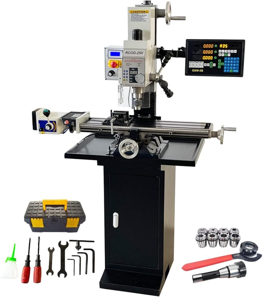 INTBUYING Mini Milling Drilling Machine R8 Mill Drill Machine Precision Metal Milling Drilling Machine 1100W 50-2250RPM DRO with X Power Feed/3-axis Grating Ruler/Bench Clamp RCOG-25V with Stand 110V