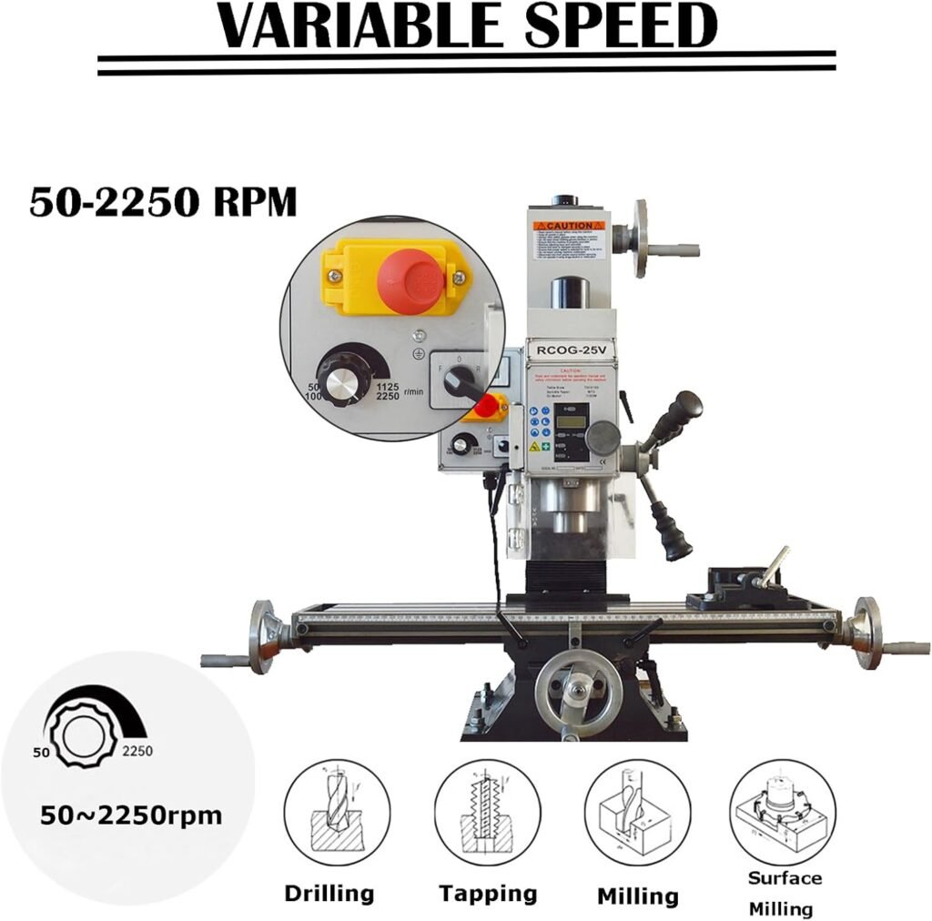 INTBUYING Mini Milling Drilling Machine R8 Mill Drill Machine Precision Metal Milling Drilling Machine 1100W 50-2250RPM DRO with X Power Feed/3-axis Grating Ruler/Bench Clamp RCOG-25V with Stand 110V