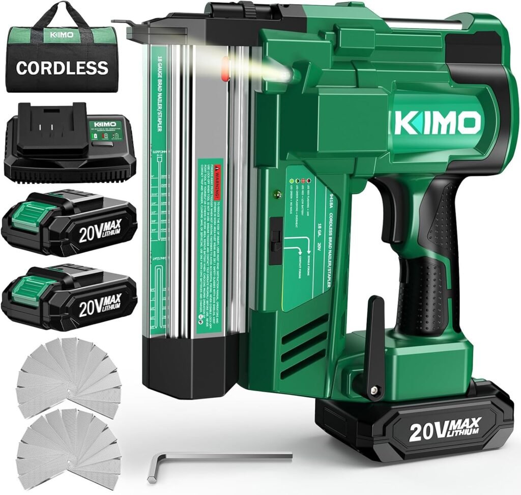 KIMO 18 Gauge Nail Gun Battery Powered w/ 2 X 2000mAh Battery, 1000pcs Nails and Staples, 2 in 1 Cordless Brad Nailer/Electric Stapler, Fast Charger, Adjustable Depth, Home Improvement  Woodworking