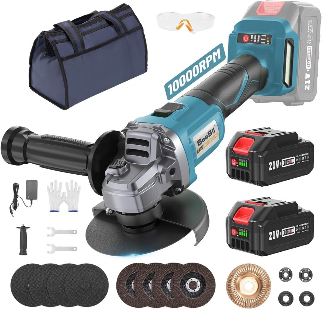 SEESII Cordless Angle Grinder Kit - 2x4.0Ah Batteries, 10000RPM Brushless Electric Metal Grinder with 4-1/2 Cutting Wheel, Flap Wheel, and Wool Carving Wheel for Precision Cutting  Grinding, AG0200S