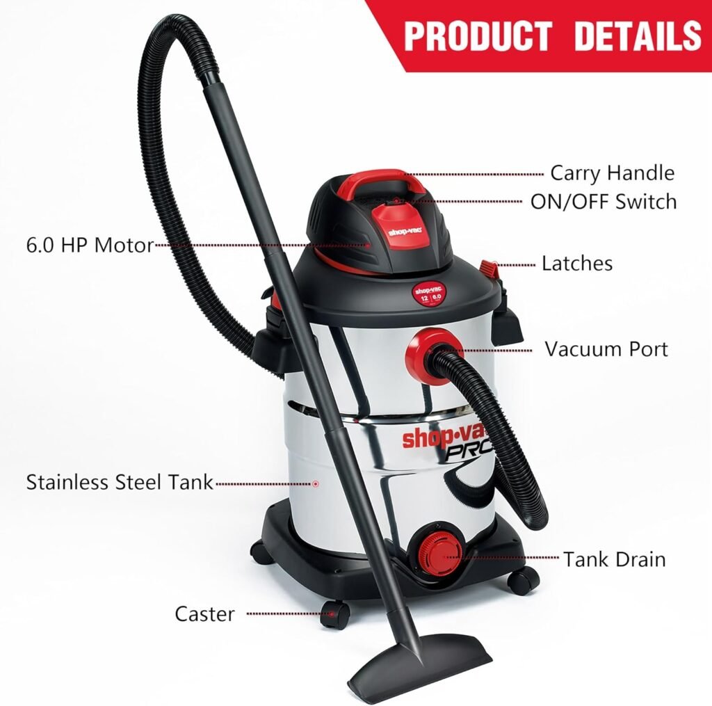 Shop-Vac 12 Gallon 6.0 Peak HP Wet/Dry Vacuum, Stainless Steel Tank, 3 in 1 Function Portable Shop Vacuum with Attachments, Drain Port, Ideal for Jobsite, Garage  Workshop. 5926211