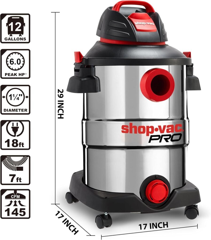 Shop-Vac 12 Gallon 6.0 Peak HP Wet/Dry Vacuum, Stainless Steel Tank, 3 in 1 Function Portable Shop Vacuum with Attachments, Drain Port, Ideal for Jobsite, Garage  Workshop. 5926211