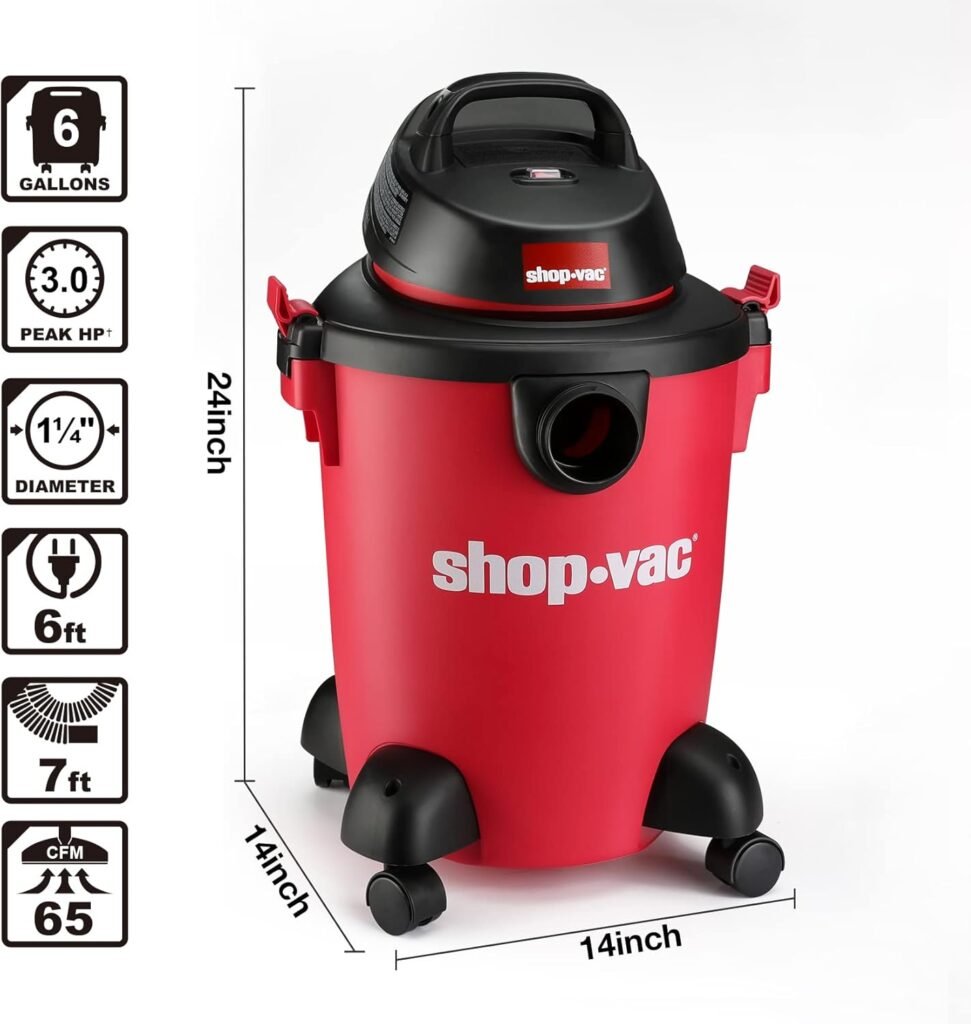 Shop-Vac 6 Gallon 3.0 Peak HP Wet Dry Vacuum, 3 in 1 Function Heavy-Duty Shop Vacuum with Filters, Attachments, Ideal for Home, Jobsite, Garage, Car  Workshop. 5971636