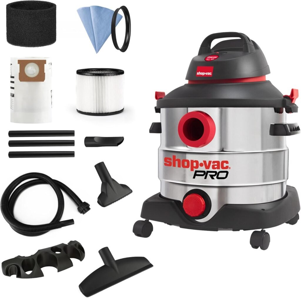 Shop-Vac 8 Gallon 6.0 Peak HP Wet/Dry Vacuum, Stainless Steel Tank, Portable Shop Vacuum with Multifunctional Attachments for Jobsite, Garage  Workshop. 5989400