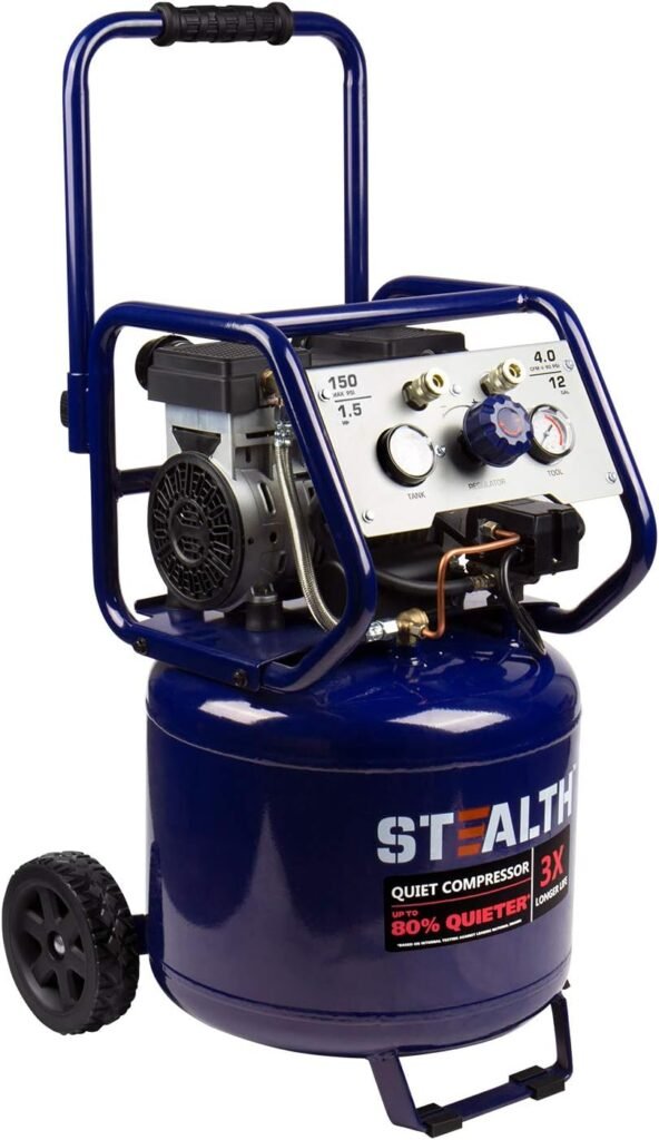 Stealth 12 Gallon Ultra Quiet Air Compressor, 1.5 HP Oil-Free Peak 150 PSI 68 Decibel Air Compressor,5 CFM @ 40 PSI 4 CFM @ 90 PSI Silent Portable Long Life Electric Air Compressor W/Wheel for Garage