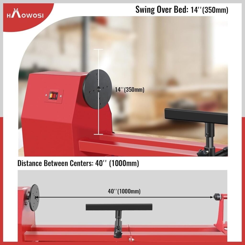 Upgraded Wood Lathe 14 x 40, Power Wood Turning Lathe Adjustable 4 Speed 810/1180/1700/3400RPM, Benchtop Mini Wood Lathe with 5 Chisels for Woodworking