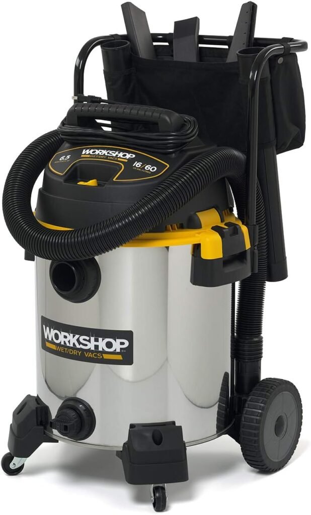 WORKSHOP Wet/Dry Vacs Vacuum WS1600SS Heavy Duty Stainless Steel Wet/Dry Vacuum Cleaner, 16-Gallon Stainless Steel Shop Vacuum Cleaner, 6.5-Peak HP Wet and Dry Vacuum with Cart