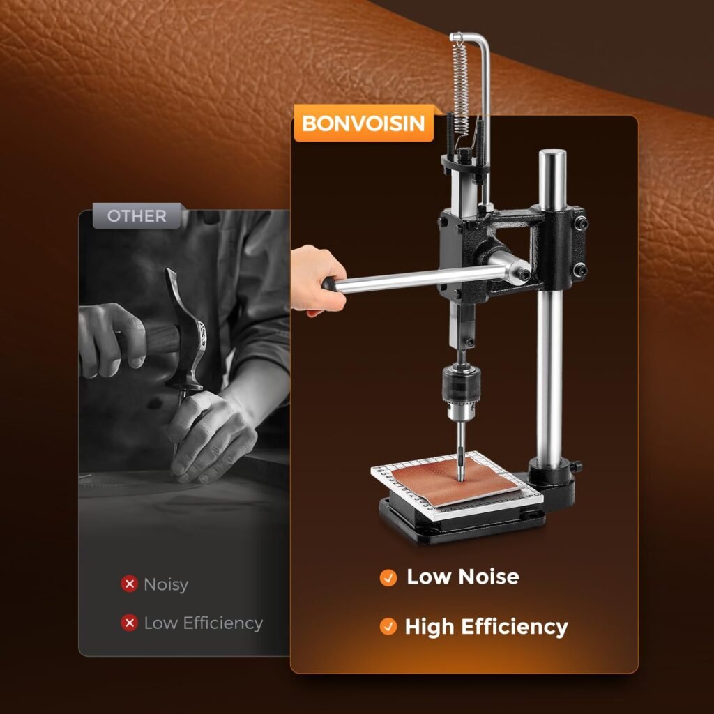 Bonvoisin Leather Press, Leather Hole Puncher for Leather Craft, Manual Leather Hole Punch Machine with Punch Tool Set,Drill Chuck (Solid Shaft)