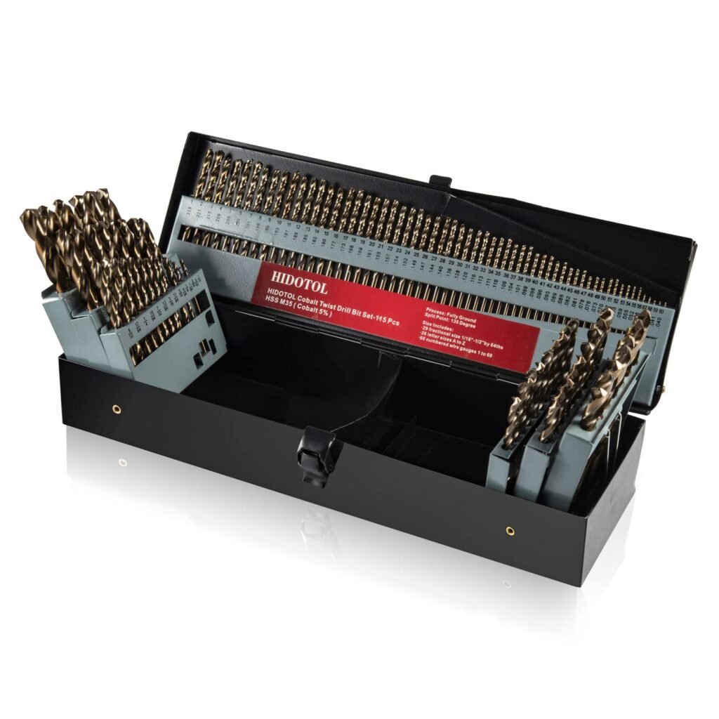 Cobalt Drill Bit Set 115 PCS - M35 High Speed Steel Twist Jobber Length Drill Bits for Hardened Metal, Stainless Steel, Cast Iron, Plastic and Wood, 1/16-1/2, A-Z, 1-60