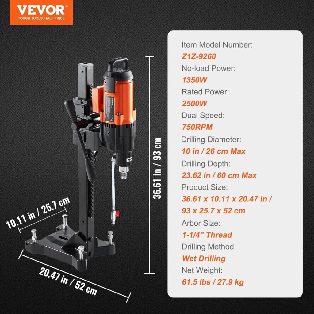 VEVOR Diamond Core Drilling Machine, 4in Handheld Wet Concrete Core Drill Rig, 1100-2400RPM Two Speed  1-1/4 Thread  2 Bubble Levels, 3-4in Drilling Diameter for Concrete Brick Block Stone, 1500W